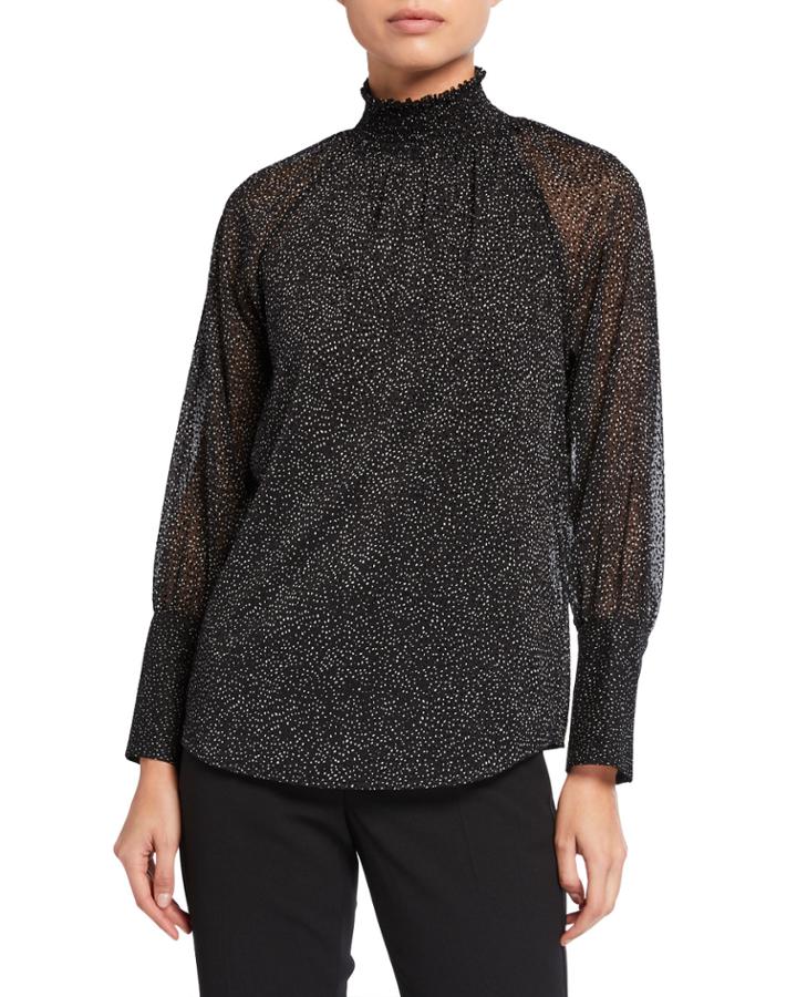 Long-sleeve Smocked-neck Top