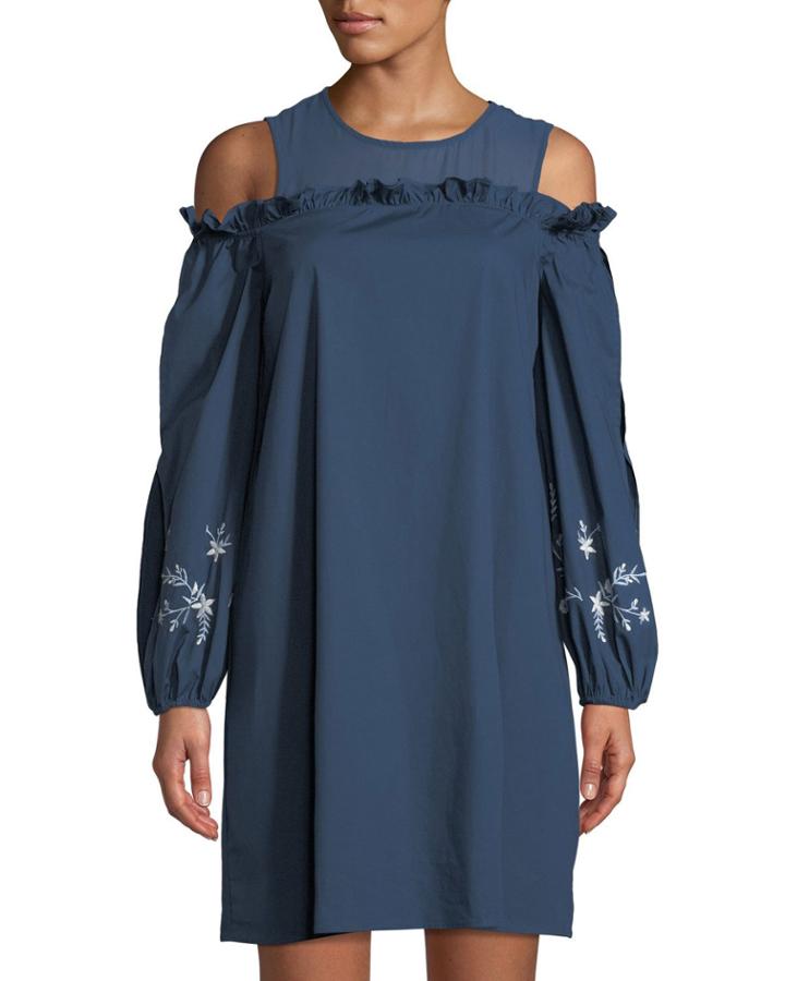 Cold-shoulder Embroidered-sleeve Dress