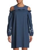 Cold-shoulder Embroidered-sleeve Dress