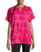 Short-sleeve Tonal Floral Jacquard Silk Blouse, Hot Pink