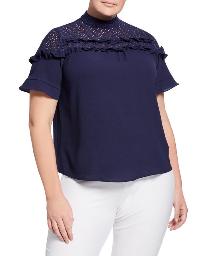 Plus Size Embroidered Lace Blouse W/ Ruffles