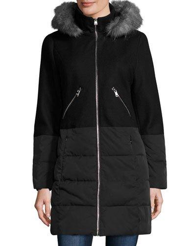 Hooded Wool-blend & Quilted Coat, Black