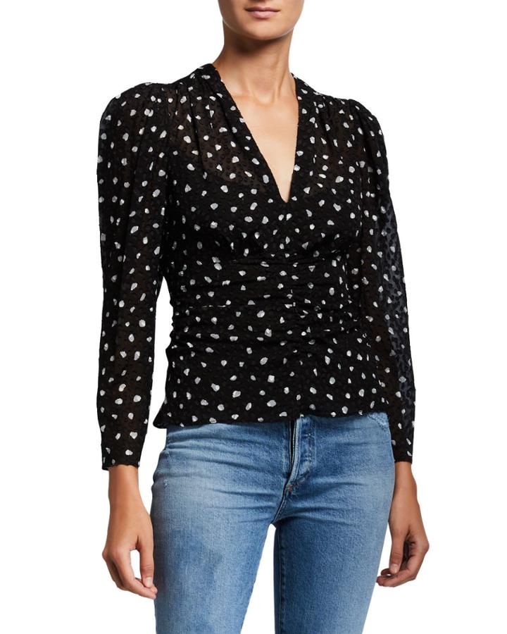 Long-sleeve Spotted V-neck Top