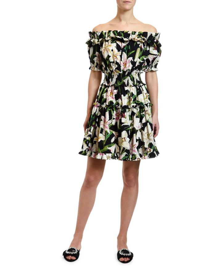 Off-the-shoulder Lily Print Dress