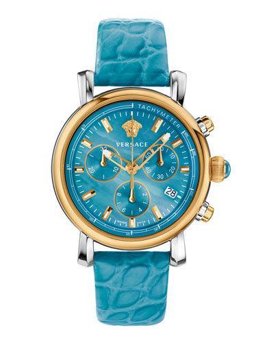 Day Glam Chronograph Watch W/ Leather Strap, Golden/turquoise