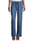Wide-leg Pull-on Chambray Pants, Blue