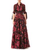 Button-front Floral-printed Dress W/ Tie-sleeves