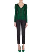 V-neck Long-sleeve Malachite-jacquard Knit Top