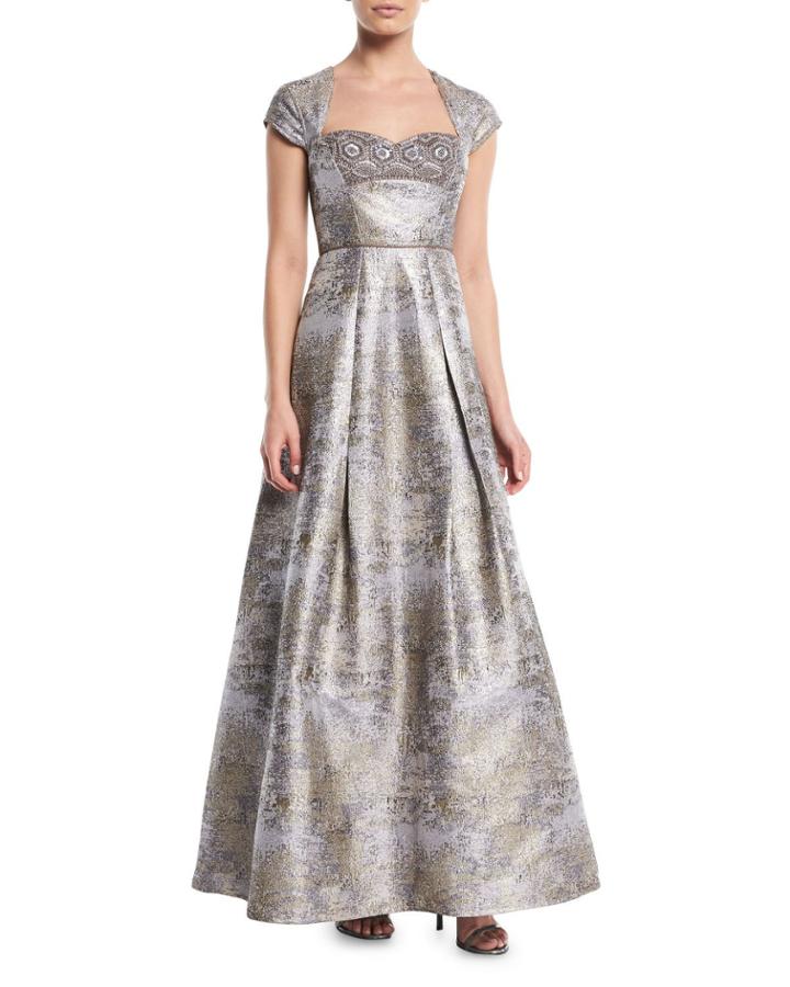 Cap-sleeve Jacquard Gown W/ Beaded Detail