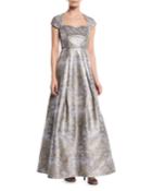 Cap-sleeve Jacquard Gown W/ Beaded Detail