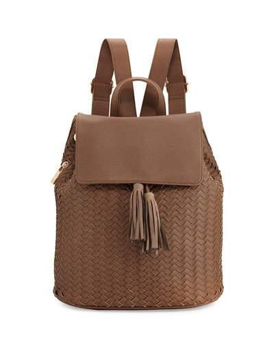 Woven Saffiano Tassel Backpack, Khaki