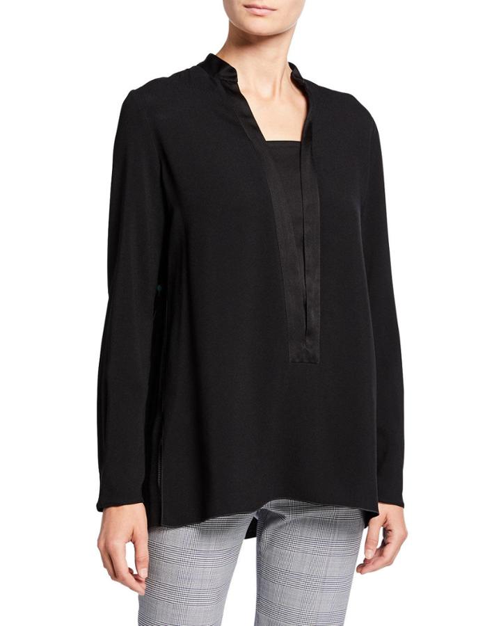 Satin-trim V-neck Georgette Tunic, Black
