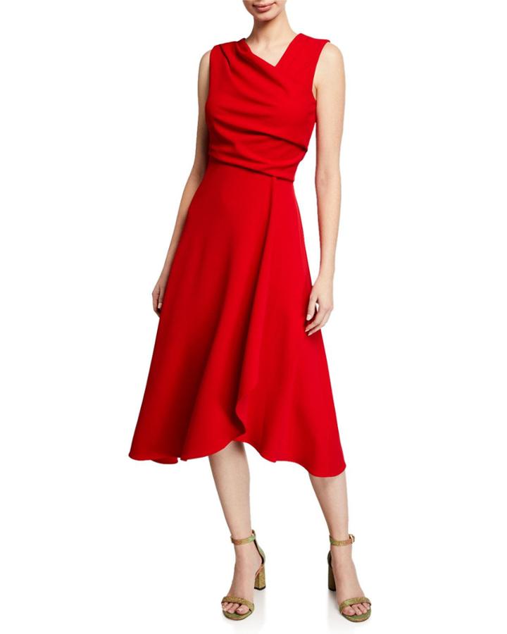 Asymmetric-neck Ruffle Drape Dress