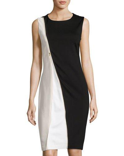 Sleeveless Zip-front Colorblock Sheath Dress, Black/silver