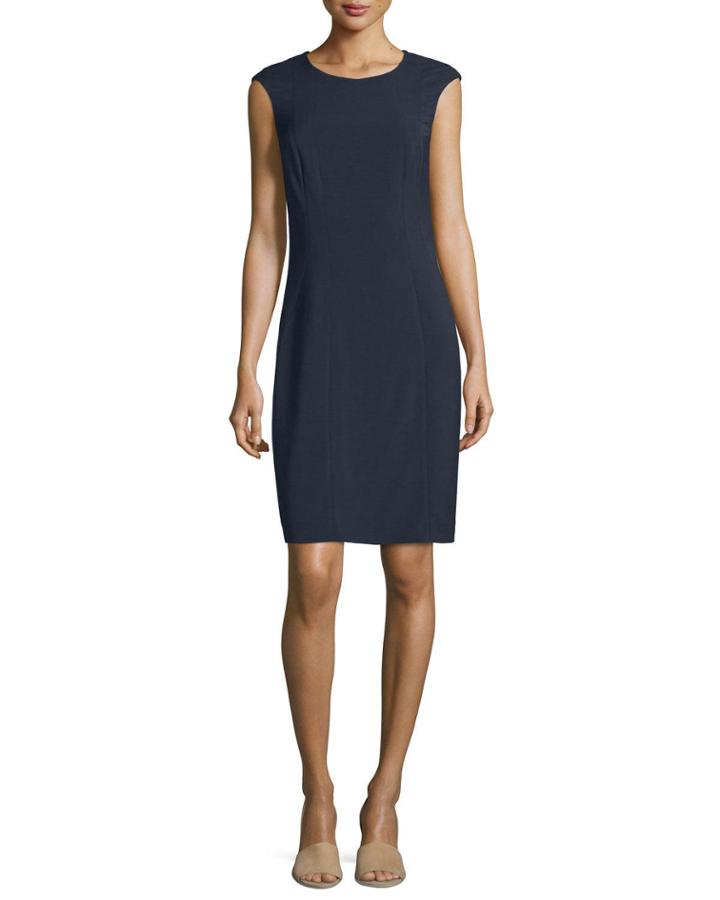 Cap-sleeve Round-neck Sheath Dress, Navy