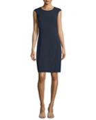 Cap-sleeve Round-neck Sheath Dress, Navy