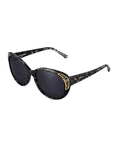 Modified Cat-eye Havana Sunglasses W/ Crystal Trim, Hematite