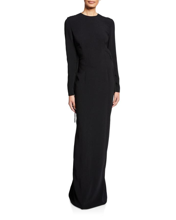 Dramatic Fringe Long-sleeve Column Gown
