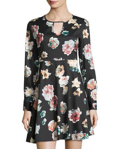 Long-sleeve Keyhole Fit & Flare Dress, Black