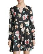 Long-sleeve Keyhole Fit & Flare Dress, Black