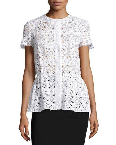 Short-sleeve Snap-front Peplum Blouse, White