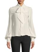 Tie-neck Poet-sleeve Button-front Silk Crepe Blouse