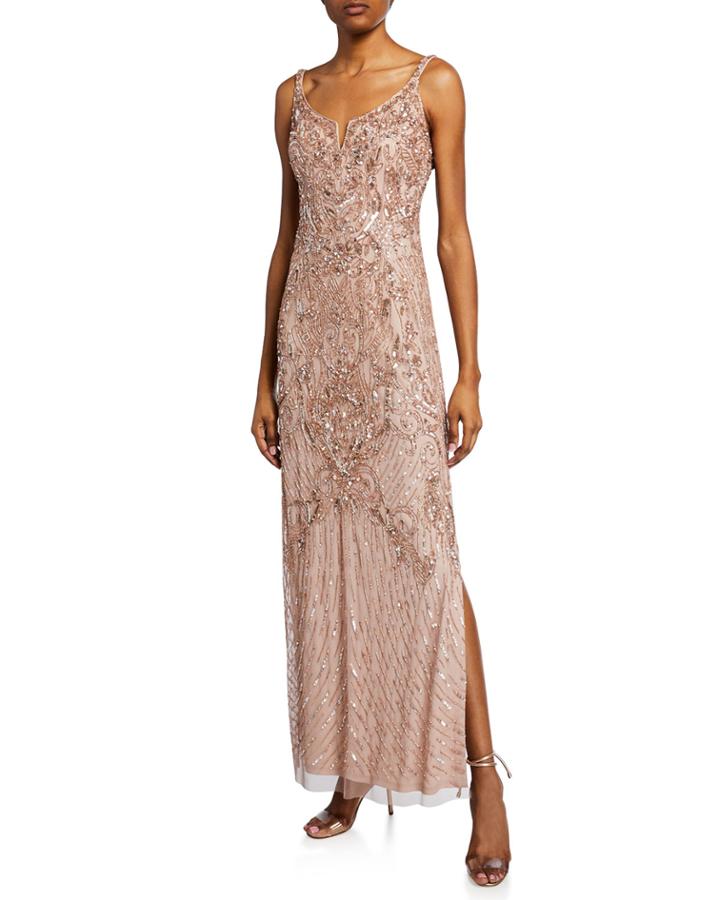 Beaded V-notch Sleeveless Column Gown