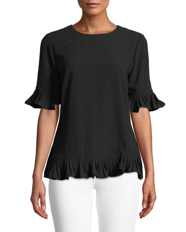 Pleated-trim Elbow-sleeve Blouse