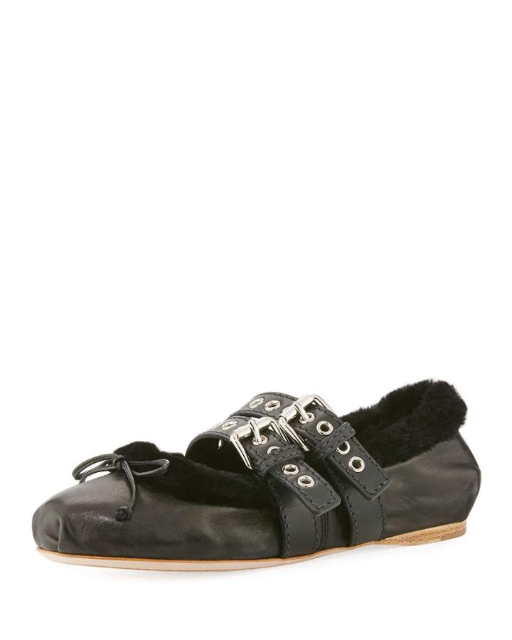 Shearling Fur Belted Ballerina Flat