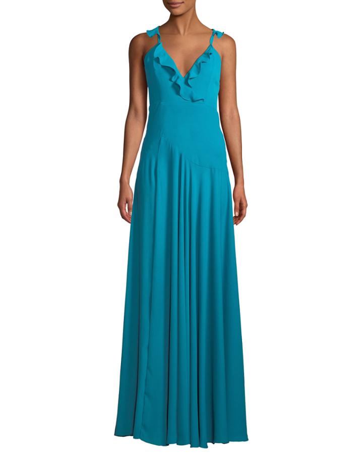 The Cora V-neck Sleeveless A-line Heavy Georgette Gown W/ Ruffled Trim