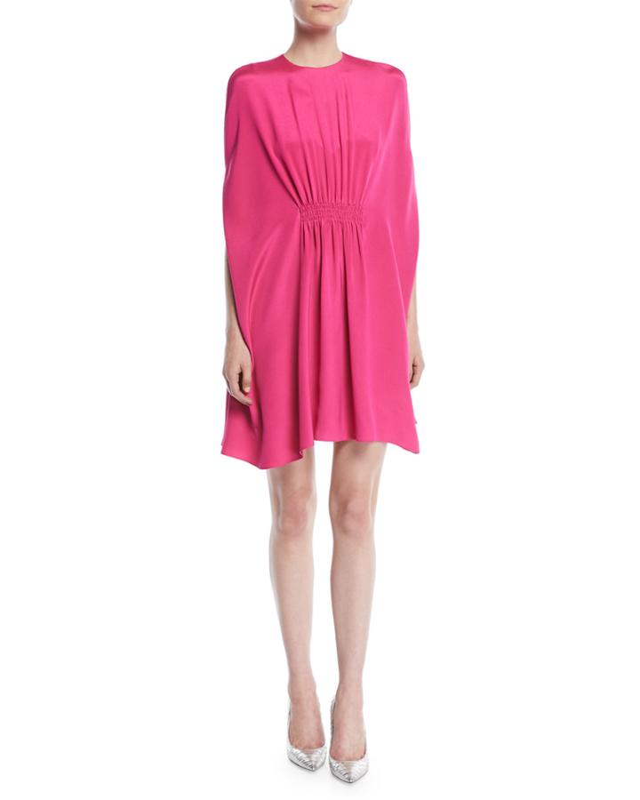 Silk Cady Cocktail Dress W/ Ruched Waist & Cape