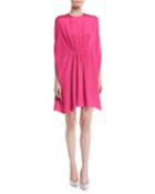 Silk Cady Cocktail Dress W/ Ruched Waist & Cape