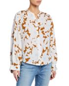 Tropical Blooms Button-front Shirred-back Long-sleeve Blouse