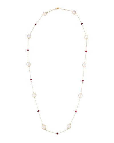 14k Freshwater Pearl & Ruby Rope Necklace,