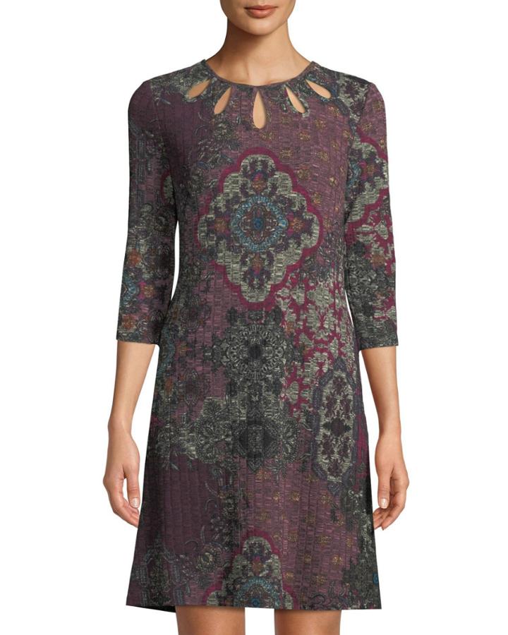3/4-sleeve Keyhole-neck Medallion Ribbed-knit Dress