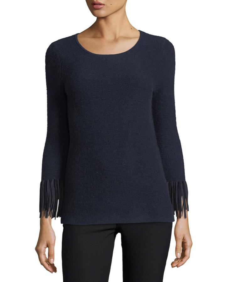 Cashmere Pullover W/ Suede Fringe Cuffs