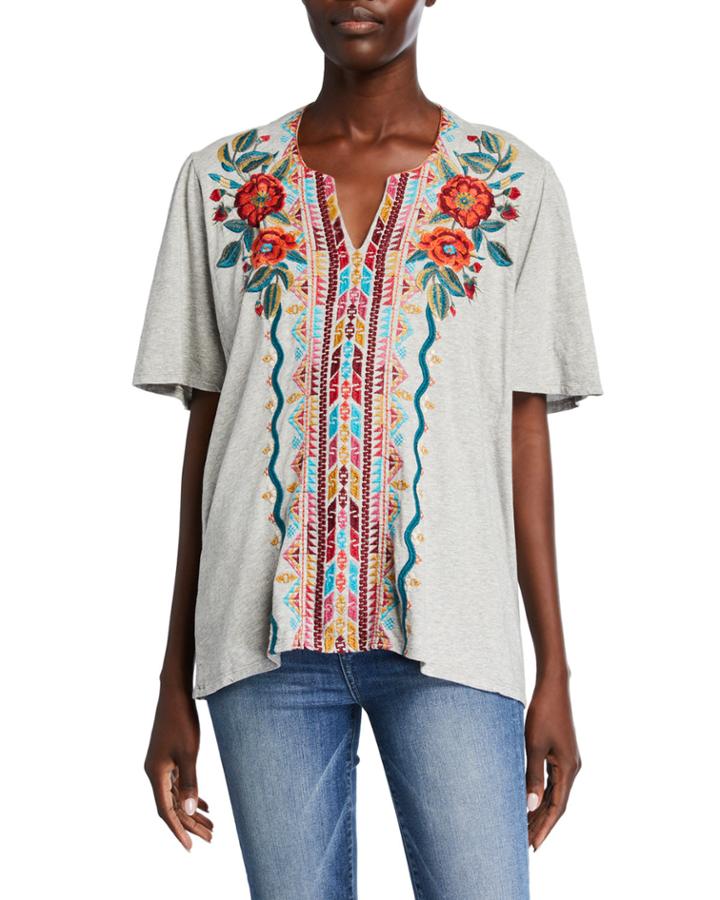 Ornella Embroidered Flutter-sleeve Cotton Blouse