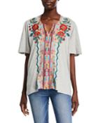 Ornella Embroidered Flutter-sleeve Cotton Blouse
