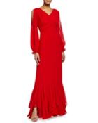 Cold-shoulder Exposed Back Evening Gown With Ruffles