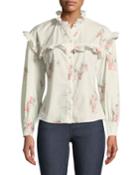 Maia Long-sleeve Floral-print Cotton Top W/ Ruffled Trim