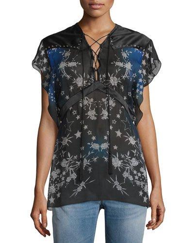 Flutter-sleeve Star-print Blouse, Blue/multi