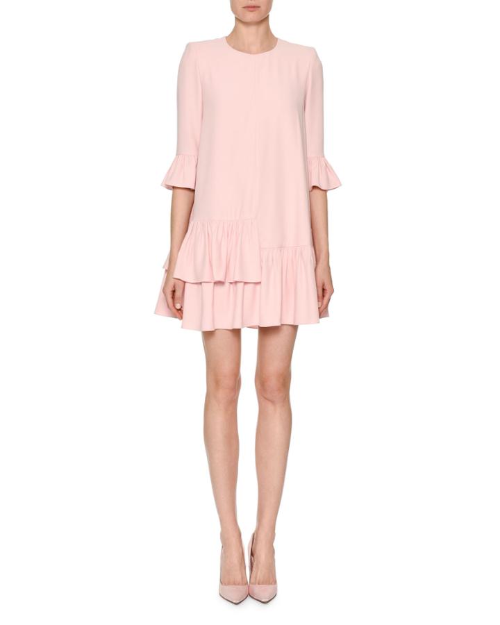 Jewel-neck 3/4-sleeve A-line Crepe Dress With Flounce Hem
