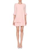 Jewel-neck 3/4-sleeve A-line Crepe Dress With Flounce Hem