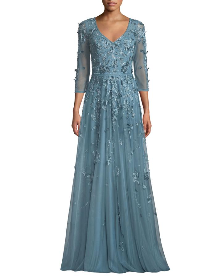 Floral Tulle Applique V-neck Gown