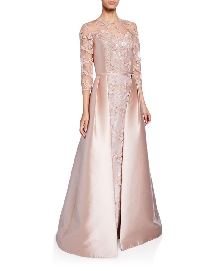 Jewel-neck 3/4-sleeve Lace Gown W/ Gazar Overlay & Sequin Underlay
