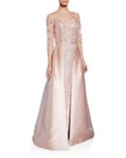 Jewel-neck 3/4-sleeve Lace Gown W/ Gazar Overlay & Sequin Underlay