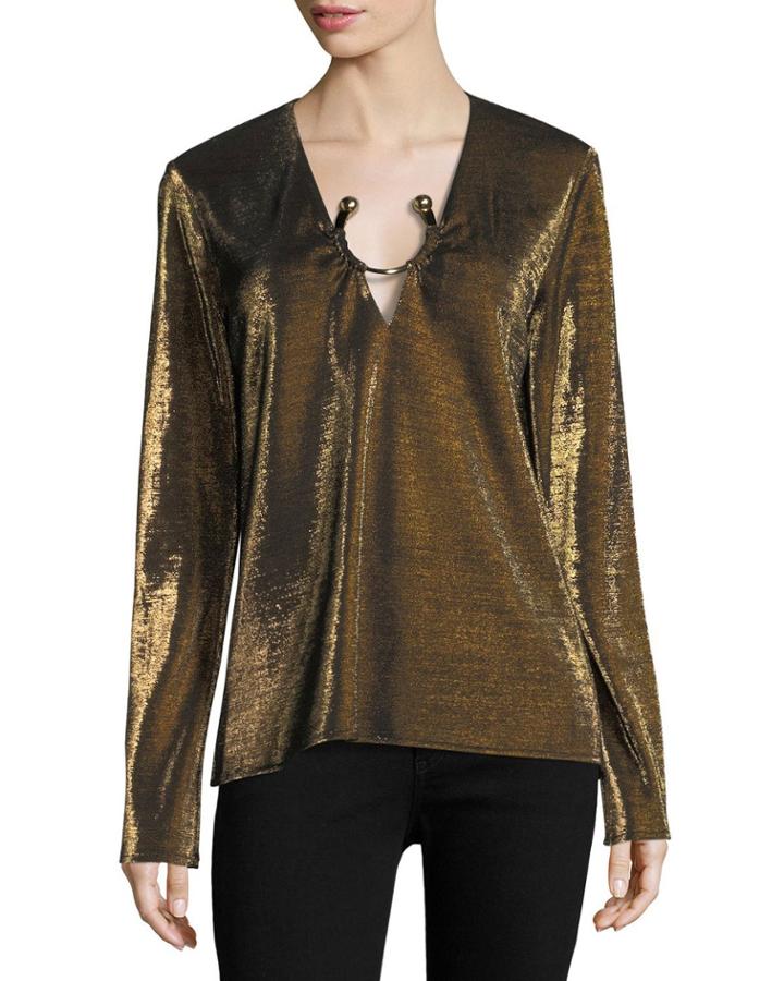 Janelle Long-sleeve Metallic Top With Golden Ring Hardware