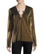Janelle Long-sleeve Metallic Top With Golden Ring Hardware