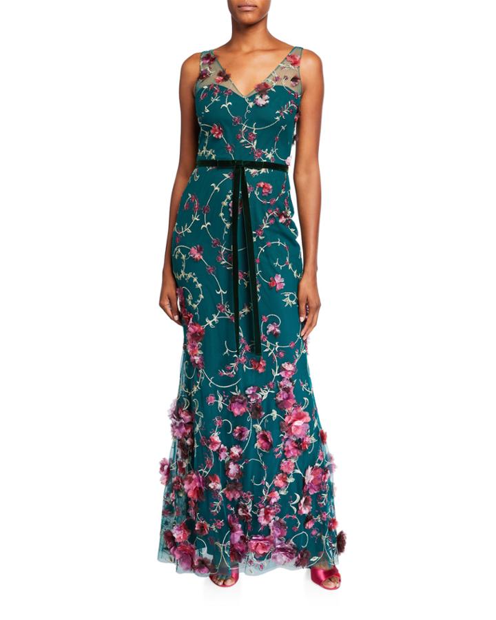 V-neck Sleeveless Embroidered Gown W/ 3d Flowers & Velvet Trim