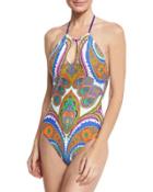 Pacific Paisley High-neck Halter One-piece Swimsuit,